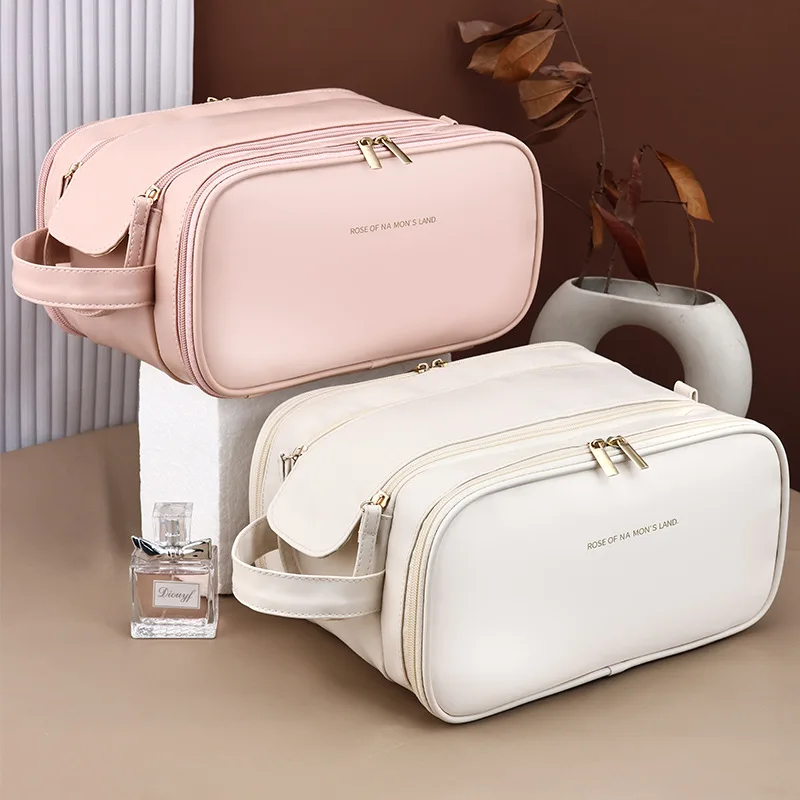 Multifunctional Makeup Bag For Women PU Leather Large Capacity Portable Double Zipper Travel Makeup Brush Toiletries Storage Bag