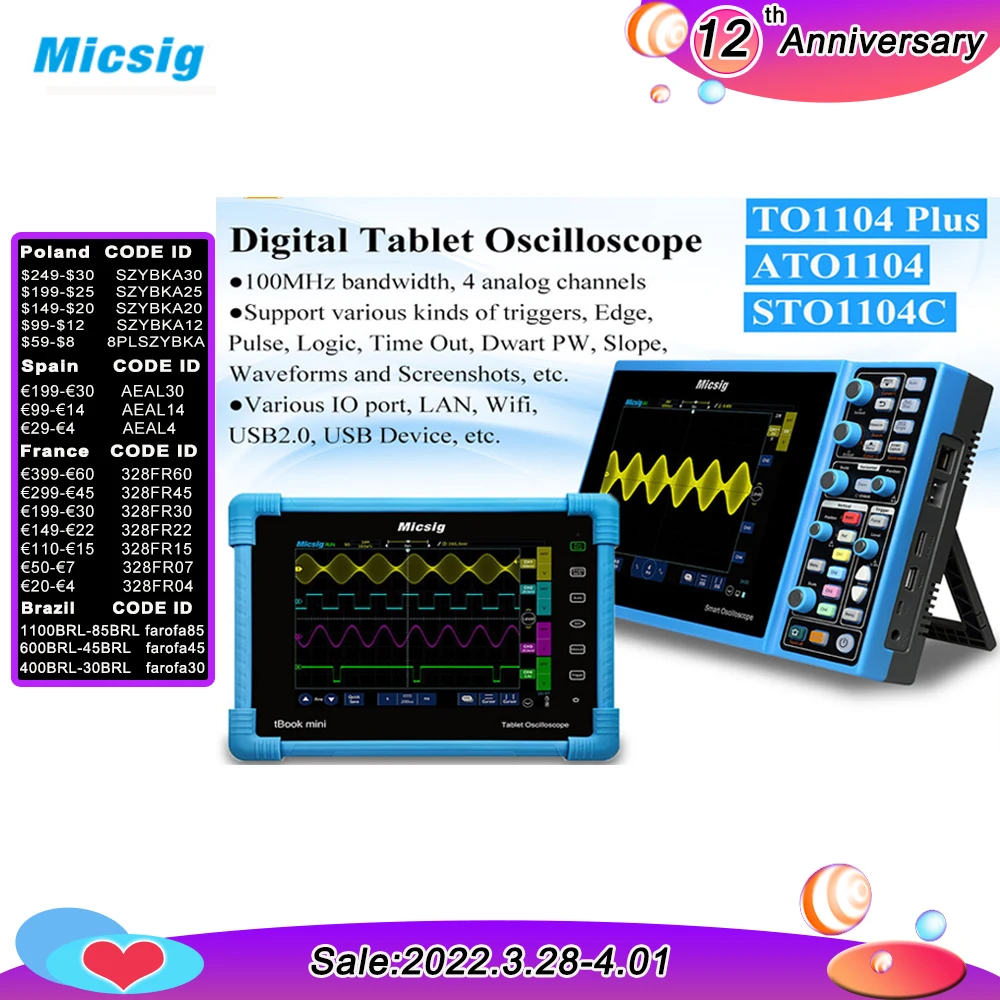 with Optional 100MHz 4CH Micsig Digital Tablet Oscilloscope 100MHz 4CH North Amercian Speciall Offer TO1104