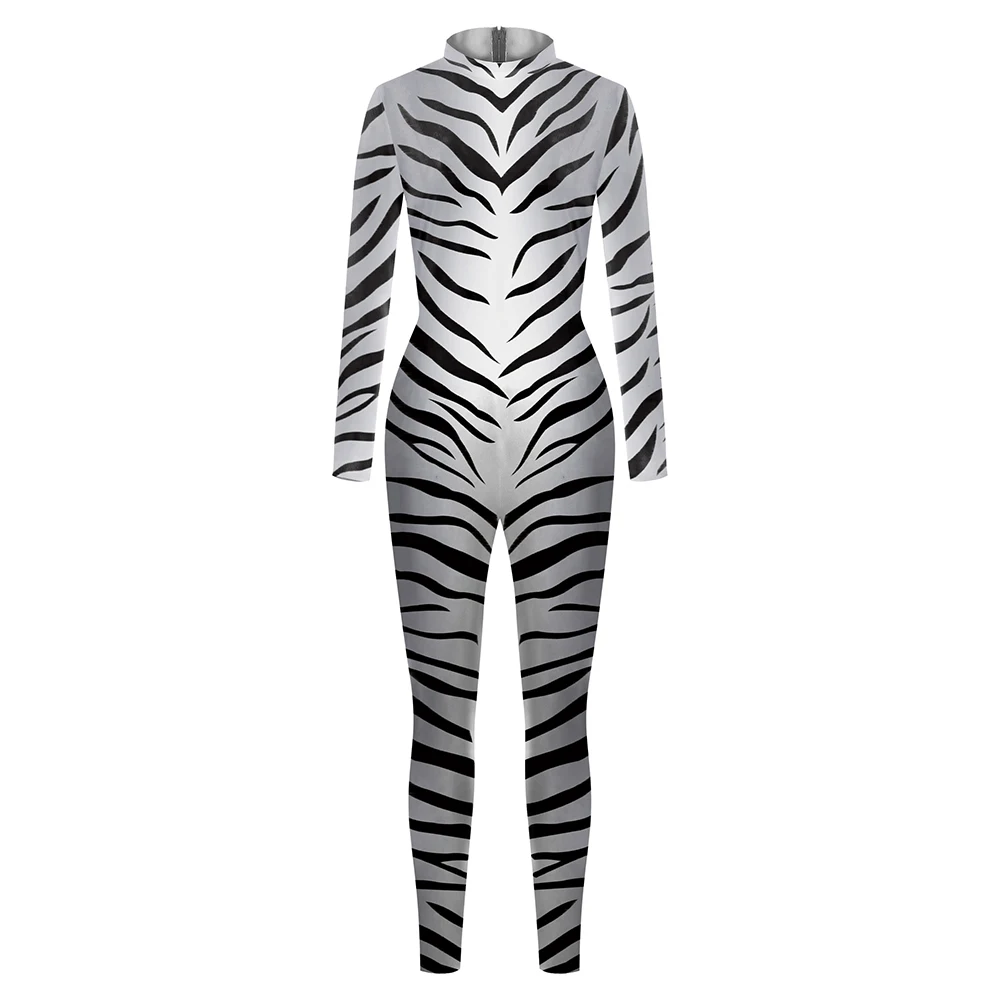 Zebra Pattern Jumpsuit Halloween Zebra Cosplay Costume Skinny Bodysuit Animal Cos Catsuit Adult Long Sleeve Zentai