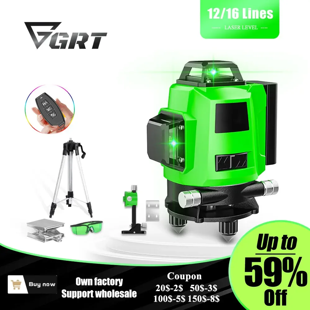 

GRT 16/12 Lines 4D Green Laser Level Horizontal And Vertical Cross Lines Self-Leveling 360 with Tripod лазерный уровень Laser