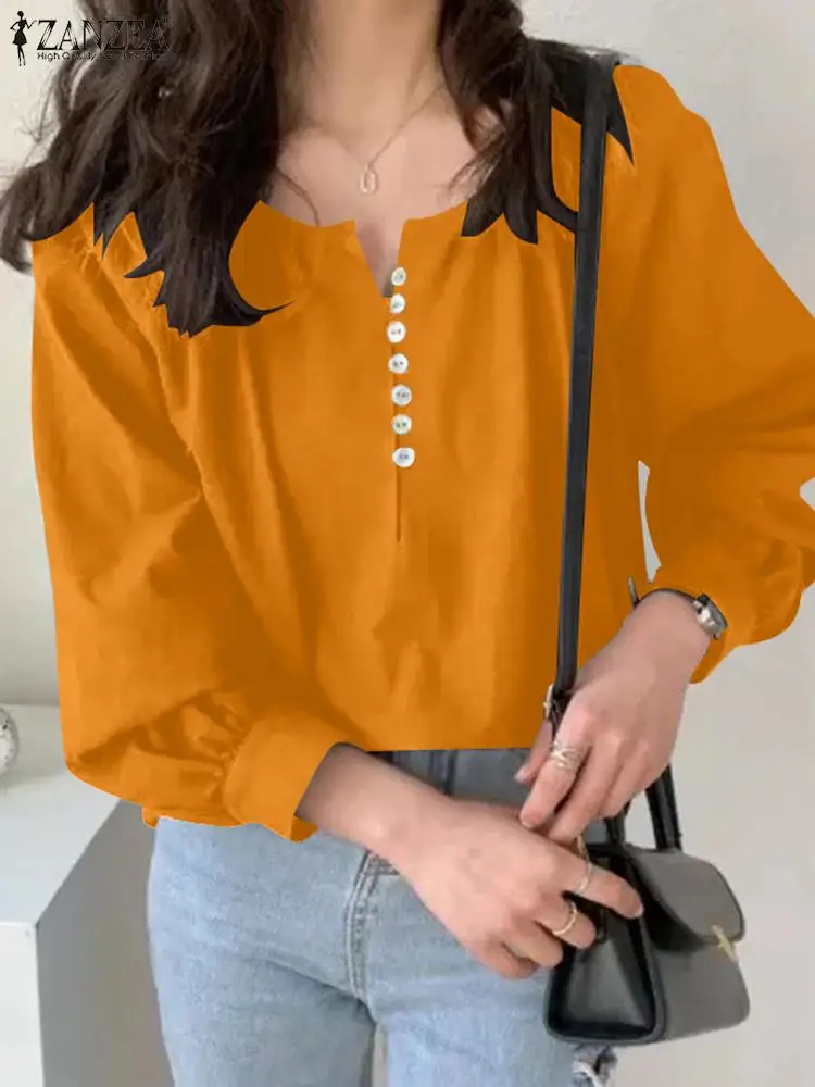 

Лето 2024, повседневные свободные топы ZANZEA, женская блузка с длинным рукавом-фонариком, винтажная офисная плиссированная рубашка, модные однотонные блузки с V-образным вырезом