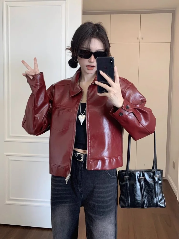 American Retro Women's Short Red Leather Jacket Motorcycle Style Upper Body Top Premium Design Small Size Friendly