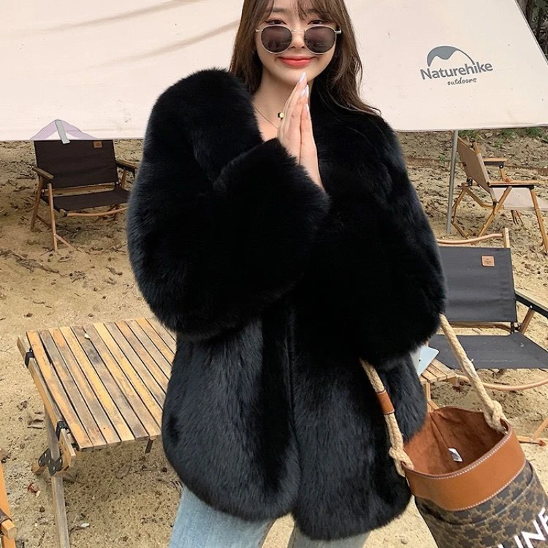 Faux Fox Fur Coat Women Mid Length Version V-neck Loose Outwear 2023 Winter New Thicken Warm Casual Jacket Fashion All-match Top