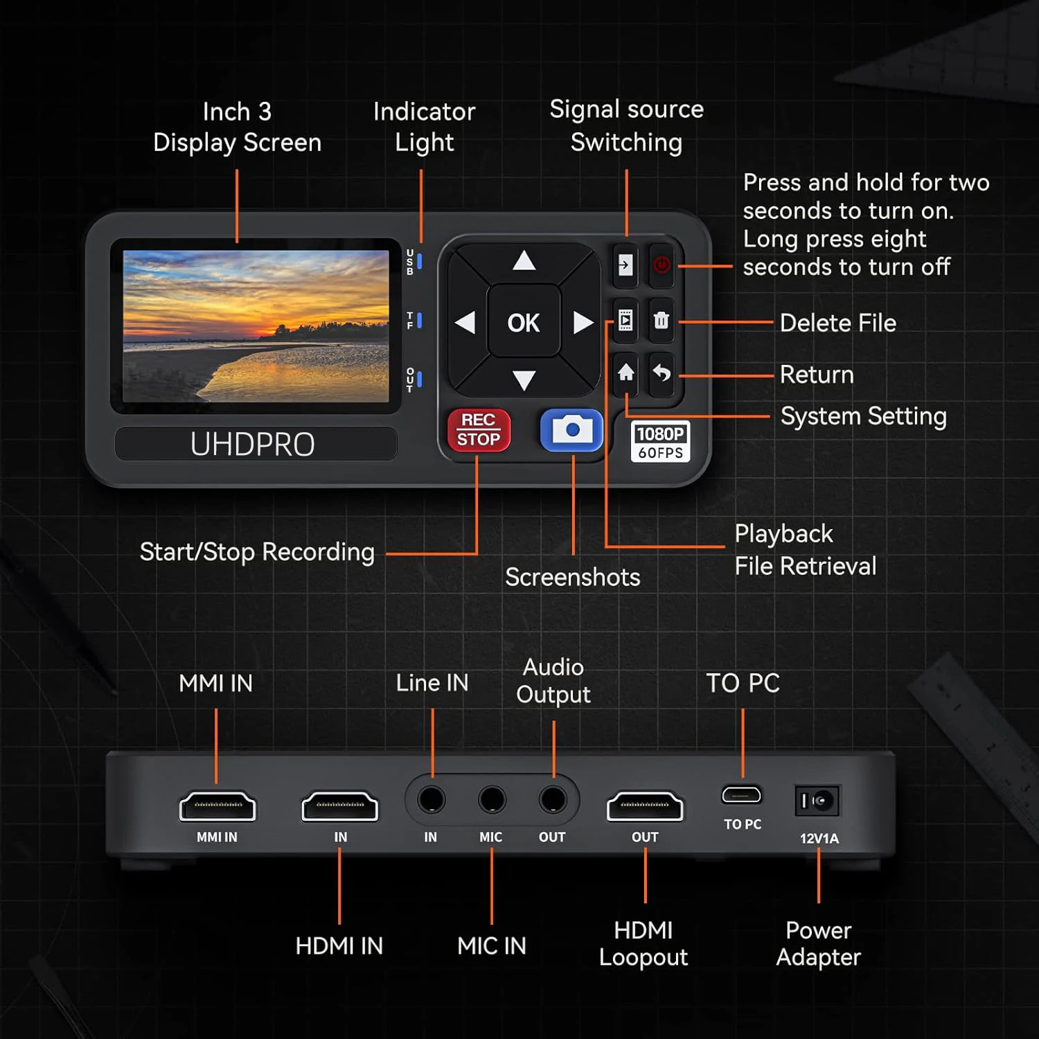 HD Video Capture Box 1080P 60FPS Video to Digital Converter 3" Screen 4K HDMI/CVBS/VGA/YPBPR Inputs Recorder Capture