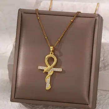 Vintage Egyptian Cross Necklace for Women Gold Color Snake Wrap Cross Pendant Necklaces Fashion Wedding Egyptain Jewelry Gift