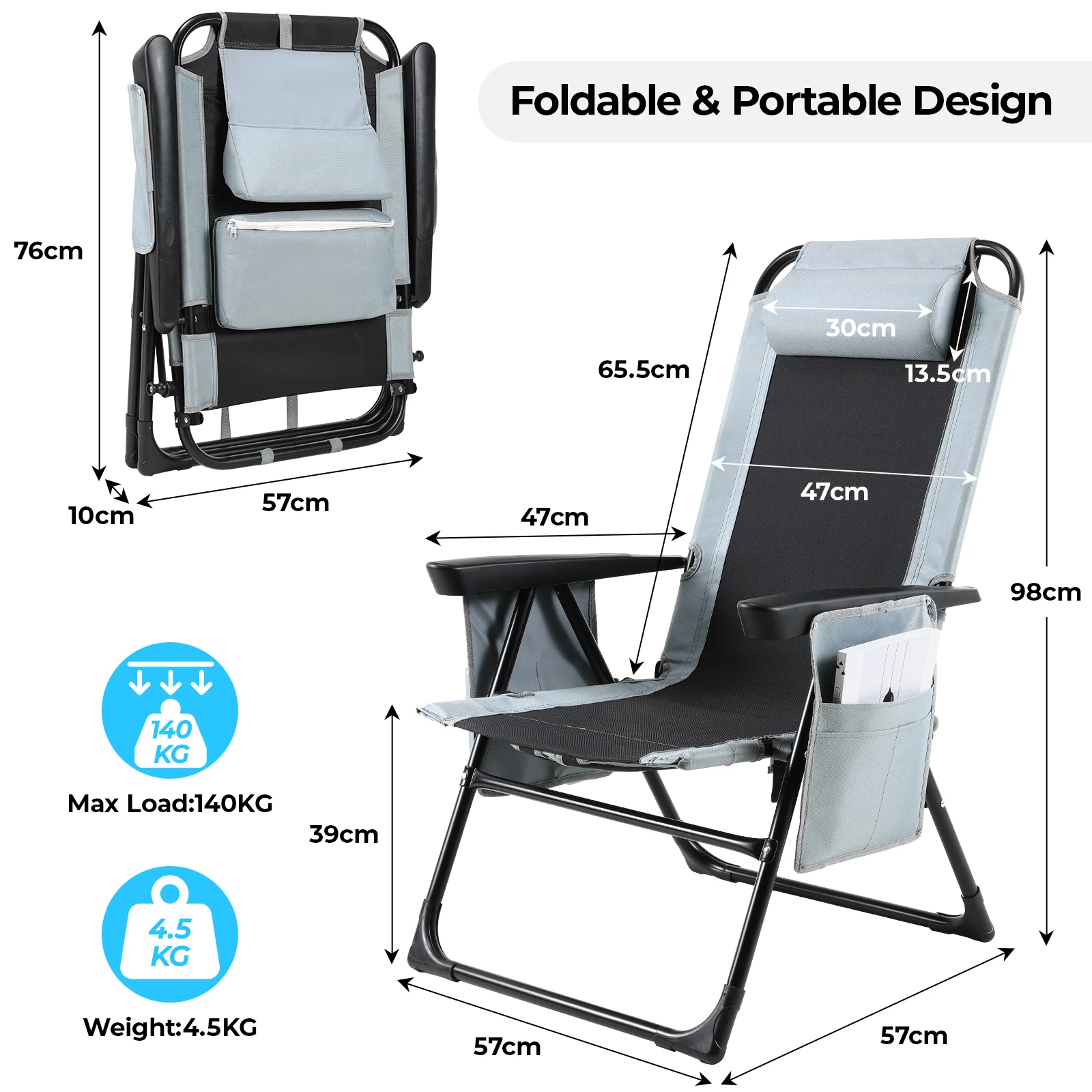 Chaise pliante dossier et accoudoirs réglables - Siège camping gris oxford 140kg pour pêche