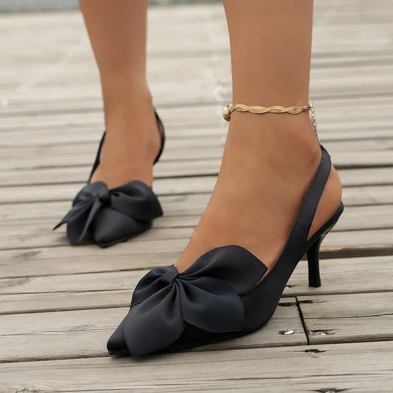 

Сандалии женские на высоком каблуке, роскошные брендовые босоножки с острым носком, без застежки, повседневная обувь с бантом, офисные босоножки, лето 2024