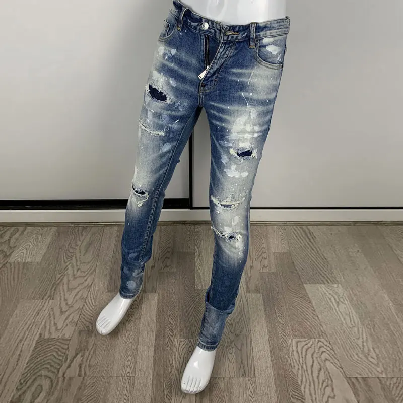 Street Fashion Men Jeans High Quality Retro Washed Blue Stretch Slim Fit Ripped Jeans Men Painted Designer Hip Hop Brand Pants