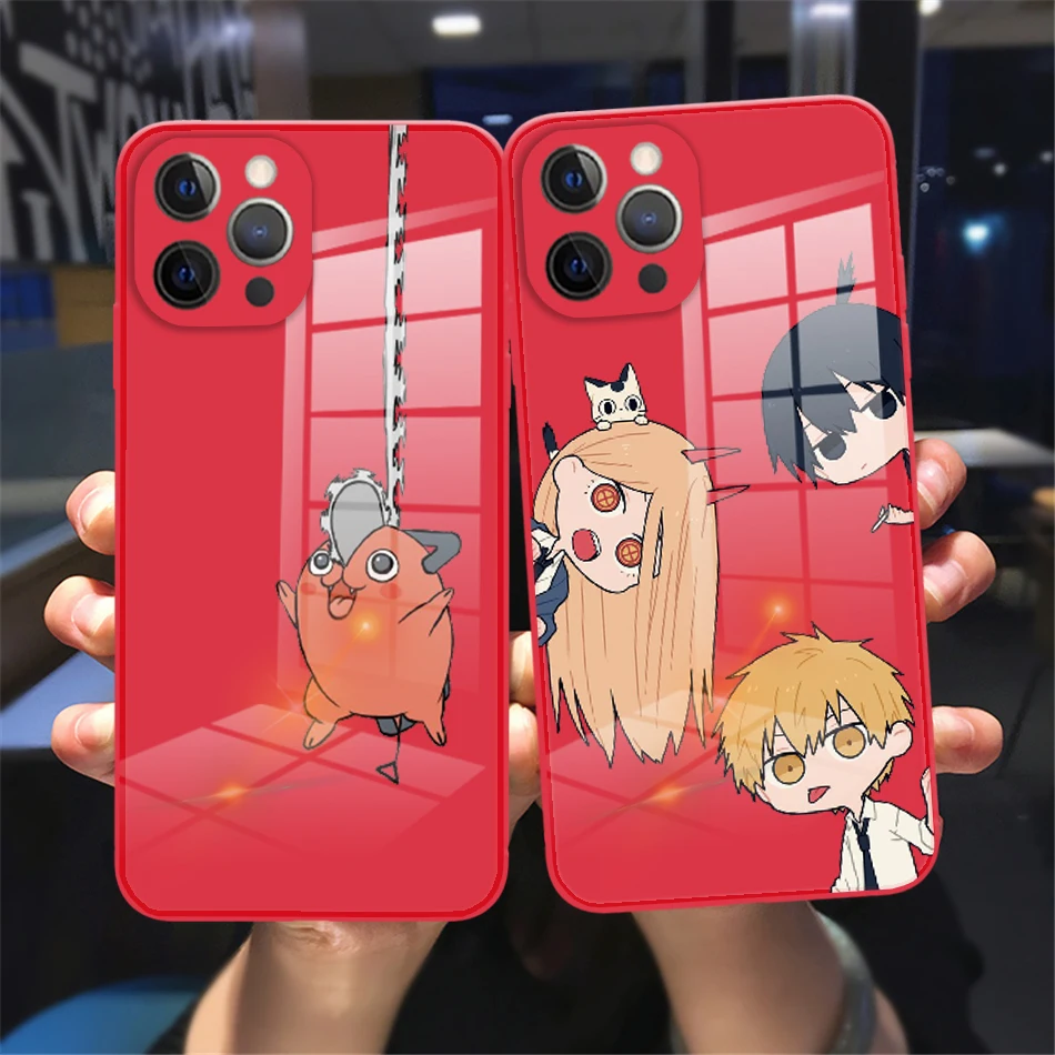 Cute Catoon Anime Chainsaw Man Custodia Per Telefono Per Iphone 11 12 13 Pro Max 12 13 Mini Custodia Riflettente In Vetro Temperato Rosso Di Lusso