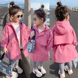 2024 Hot Selling Spring Autumn Girls Coat Long Style Waist Retractable Hoodies Windbreaker Jacket For 2-8 Years Old Kids