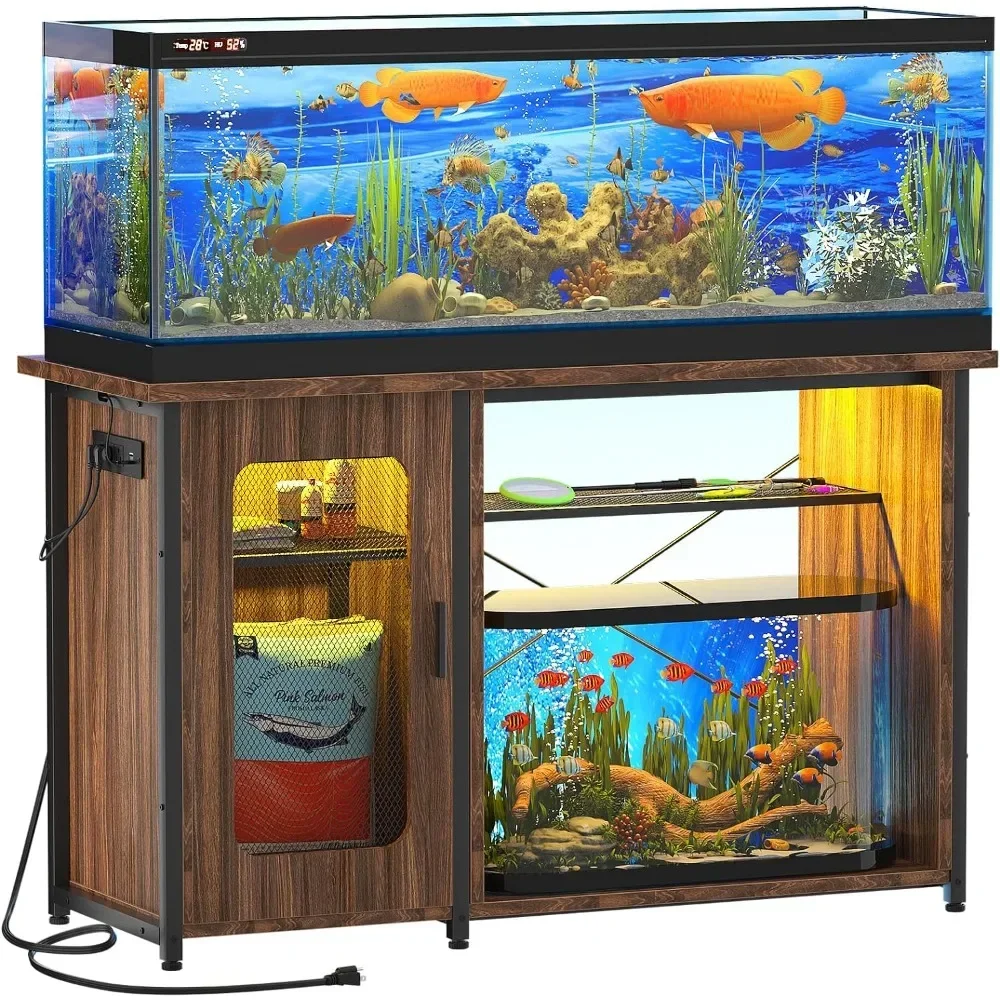 

55-75 Gallon Fish Tank Stand With Power Outlets & LED Light Mini Aquarium Tanks Turtle/Reptile Terrariums Dark Walnut Fishbowl