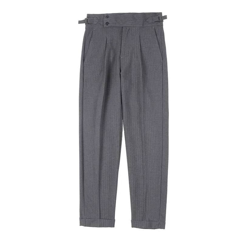 British Style Fall High Waist Dress Pants Men Belt Design Stripes Slim Suit Pants Formal Wedding Social Party Male Trousers