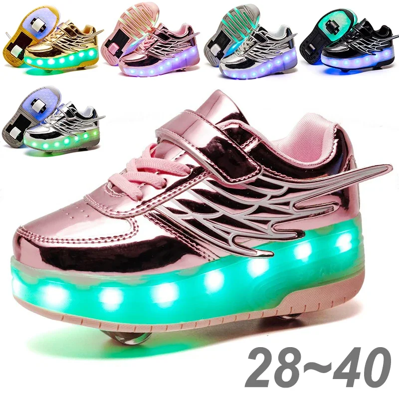 

New Children 1/2 Wheels Luminous Glowing Sneakers Light Black Pink Led Light Roller Skate Kids Shoes for Boys Girls USB Charging