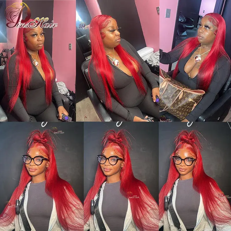 스트레이트 레드 13X6 레이스 프론트 인모 가발 프리 플러킹 13X4 투명 레이스 프론탈 가발 버건디 99J 컬러 레이스 프론트 가발