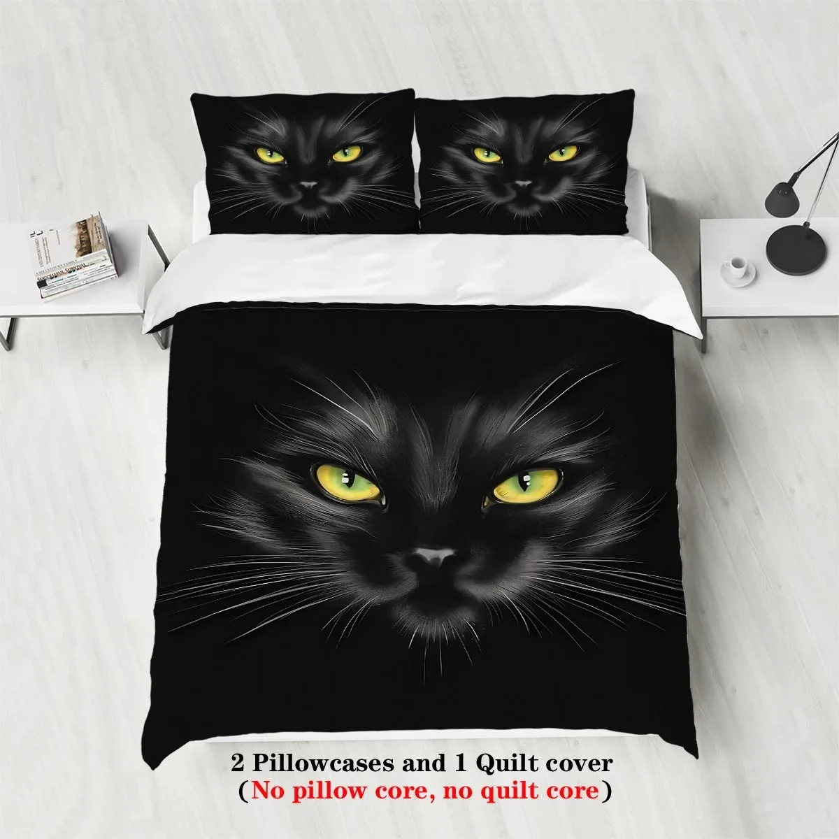 3pc Black Cat Printed Chipless Product Set for Bedrooms, Dormitories, Multiple Sizes, Soft and Comfortable, Machine Washable
