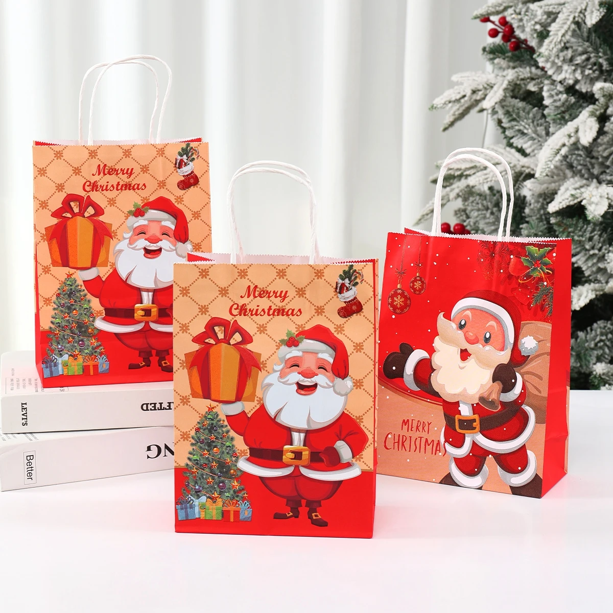 

6pcs Christmas Gift Bag with Handles Kraft Paper Bags Candy Bag Cookie Present Bags Merry Christmas Decorations For Home 2023