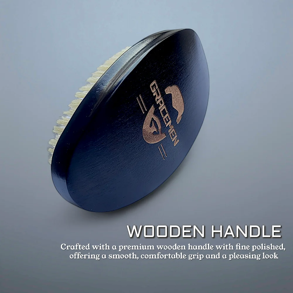 Gracemen 360 Waves Brush Curved Wooden Handle White Boar & Nylon Bristles Mix Medium Stiffness Men's Hair Beard Brush 5