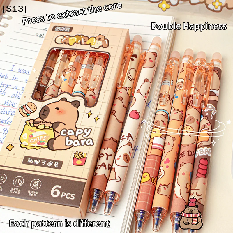 6Pcs 카와이 젤 펜 세트 블랙 블루 잉크 빠르게 건조되는 귀여운 프레스 젤 펜 미적 문구 학교 사무용품[Q]Q@