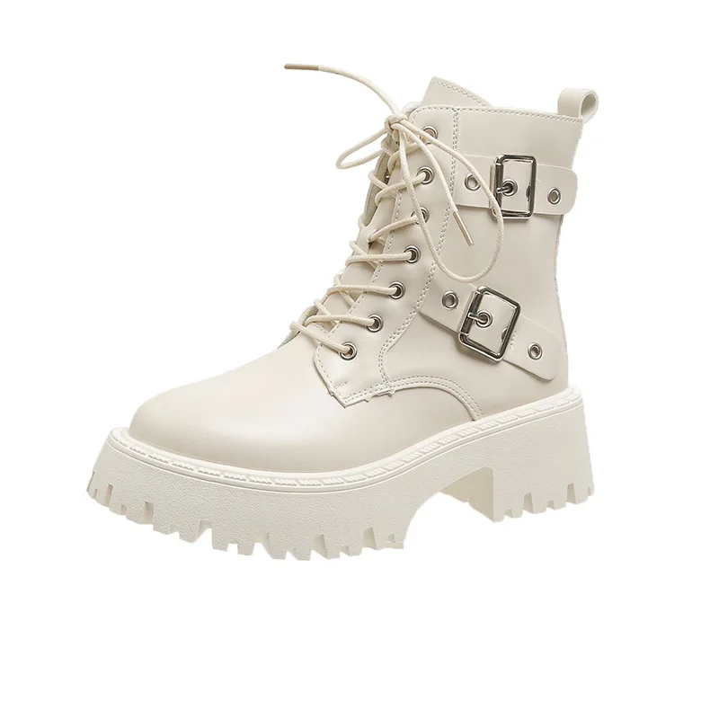 Shoes Female 2023 PU Ankle Women's Boots Classics Modern Boots Women Belt Buckle Round Toe Lace Up Fretwork Heels Ladies Shoes