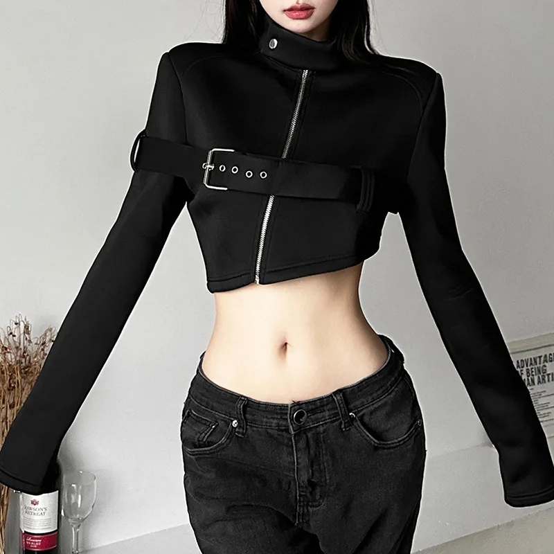 New goth fashion designed hot girl short jacket long sleeve zipper patchwork round neck gothic style ladies jacket for winter gold flower spring buckle telescopic adjustable length ladies belts women girl for dress shirt clothing elastic metal waistband