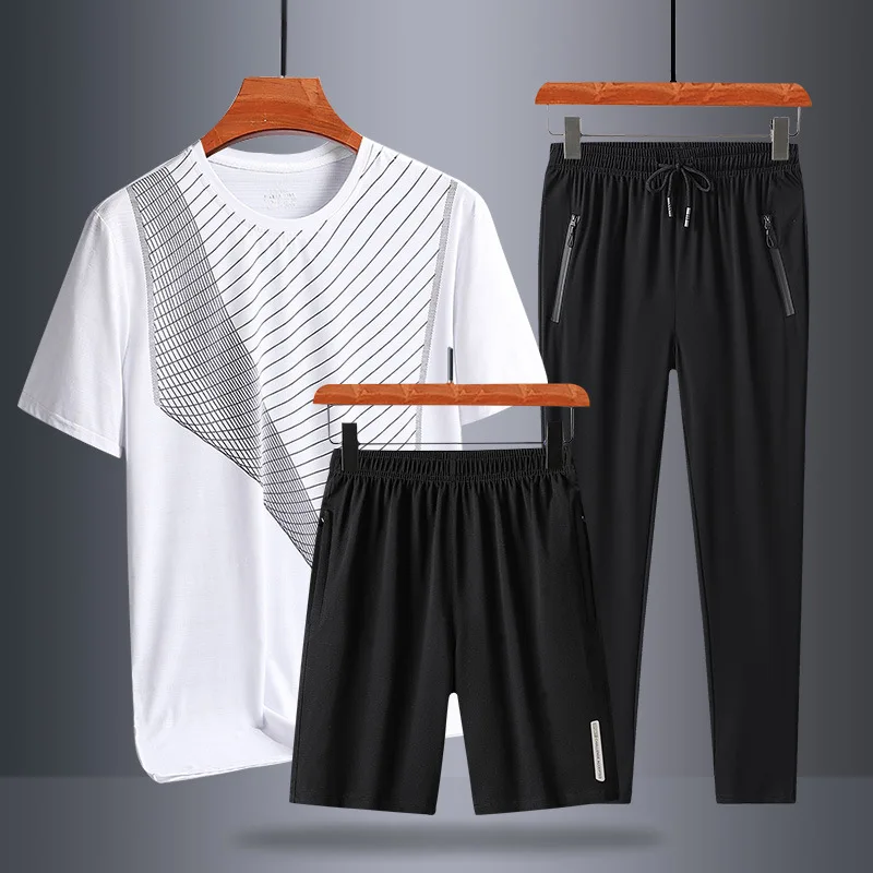 

2023 Sportswear 3 Pieces Sets Men Sport Set Running Gym New Summer Bamboo Cotton Men'S T-Shirt Sports Suit Men Clothes