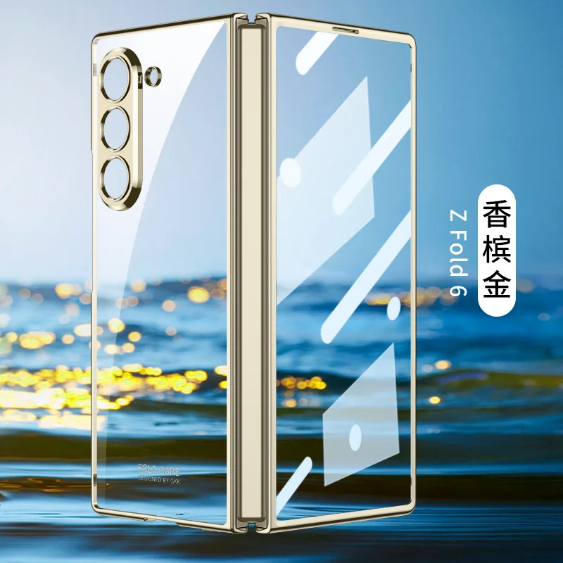 Ultra Thin Electroplating Transparent Case with Tempered Film and Shockproof Hard Back Cover