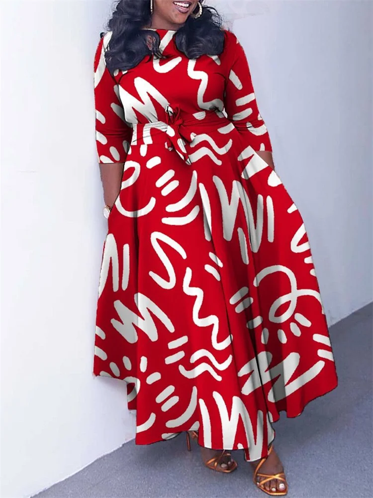 Wmstar Dress Women S-3XL Printed Fashion Long Sleeve Big Hem Fall Clothes New Maxi Dresses Wholesale Dropshipping with Bandage