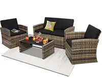 4-Piece Patio Wicker Rattan Sectional Sofa Cushions Glass Table All-Weather Garden Porch Backyard, Customized