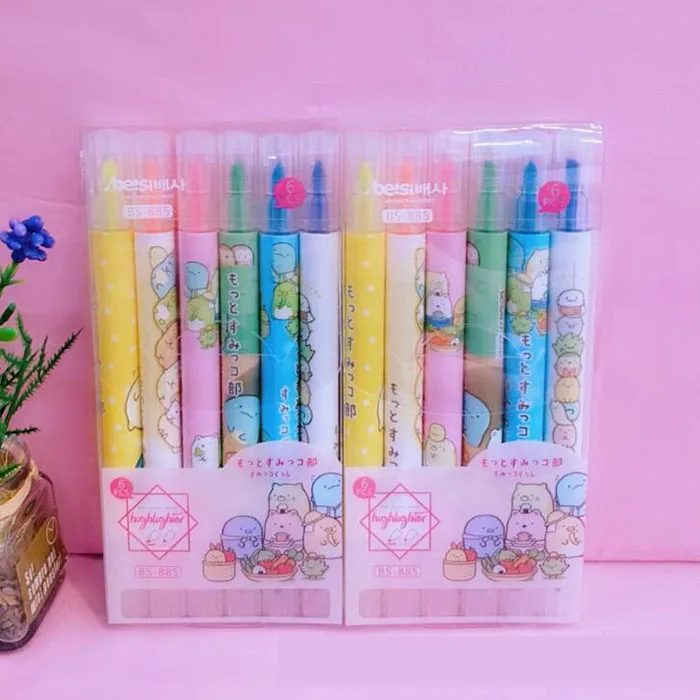 

10 set/lot Sumikko Gurashi 6 Colors Double Head Highlighter Drawing Marker Pens Promotional Gift Office School Supply wholesale