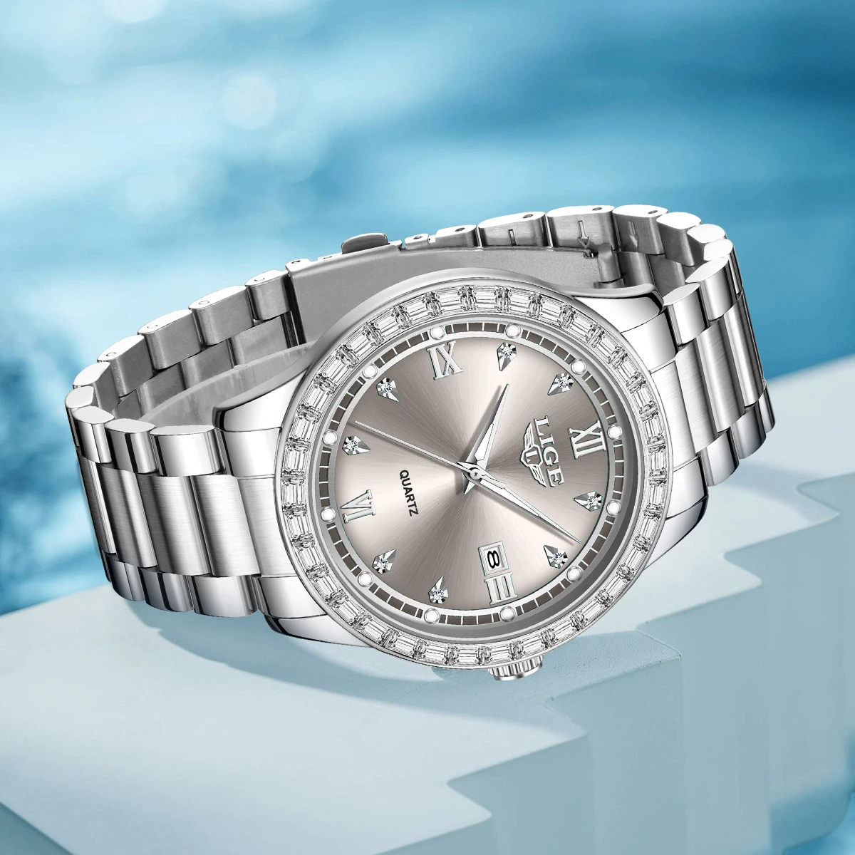 LIGE Men Watch Waterproof Diamond Luxury Luminous Calendar Quartz Wristwatch For Men Stainless Steel Fashion Business Watch Men