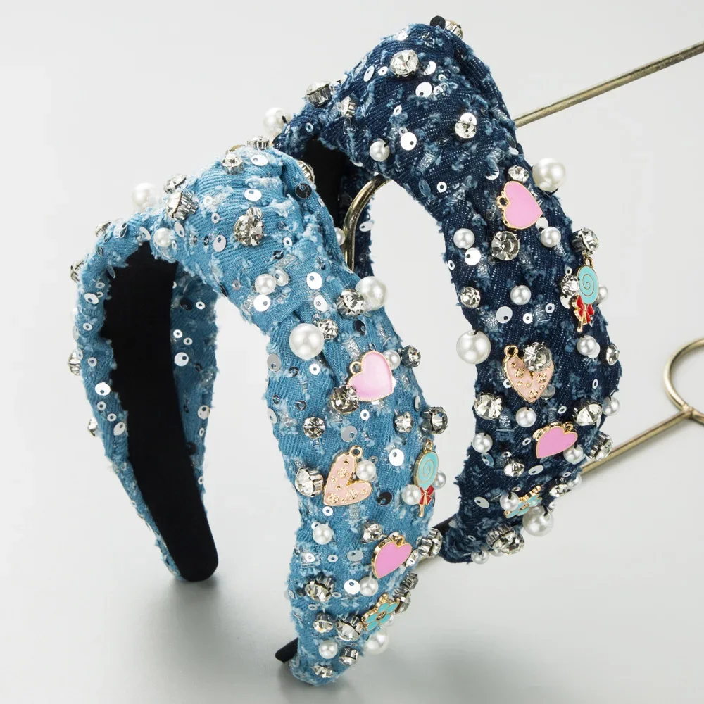 European and American New Denim Headband Hand-Stitched Pearl Rhinestone Crown Colored Loving Heart Knotted Hairband europe fashion 2023 new summer women denim shorts colored pearl beading diamonds all match elastic high waist wide leg shorts