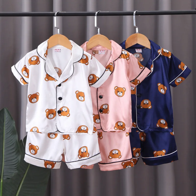 

2023 Summer New Baby Boys Girls Pajamas Cartoon Bear T-shirt + Short Pants 2Pcs Suit For 1-5 Years Old Kids Clothing Set