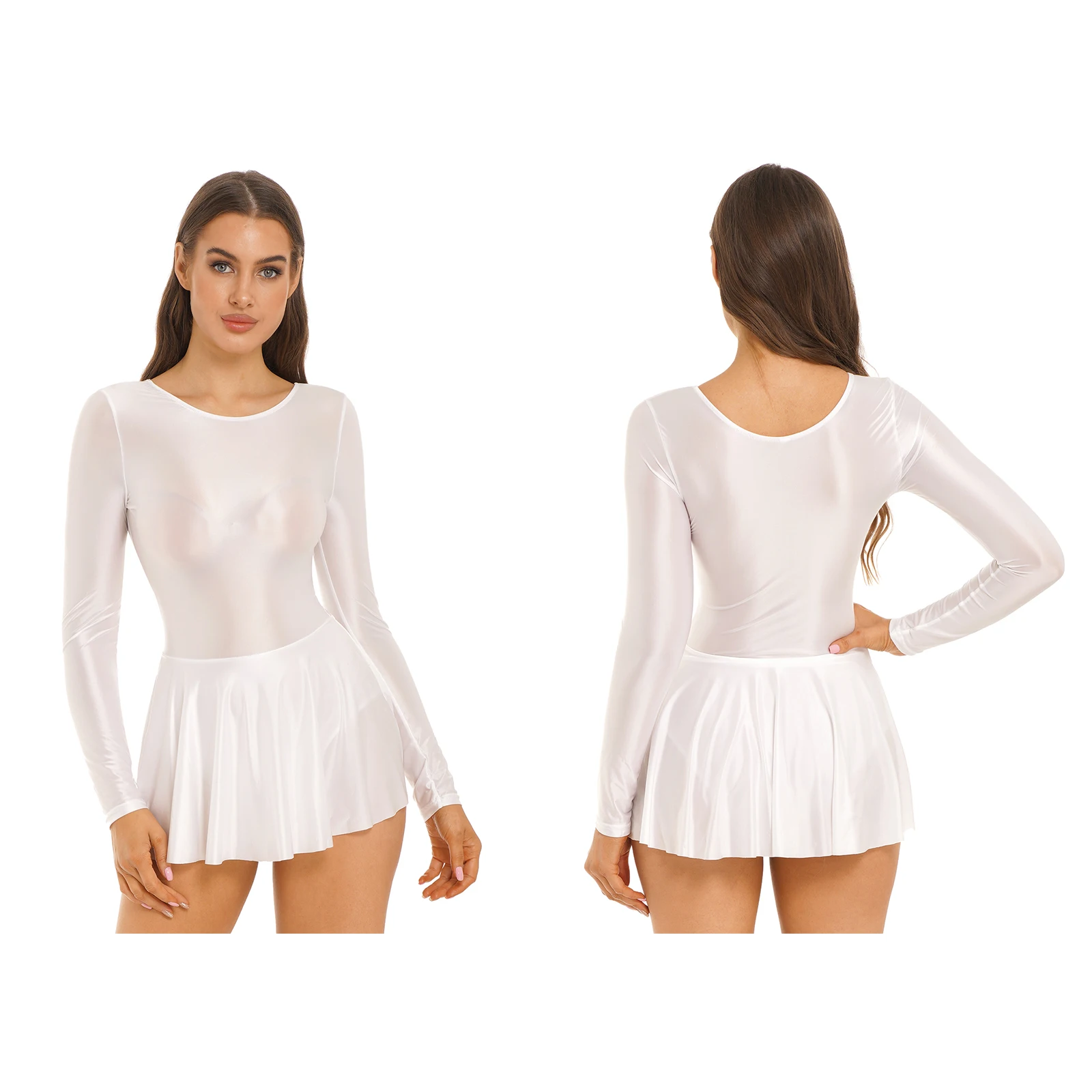 thumbnail image 1 of Vestido brillante de manga larga con volantes para mujer, vestido de baile de Ballet, vestido de natación, traje de Color sólido, vestidos de leotardo con cuello redondo, 1 of 5