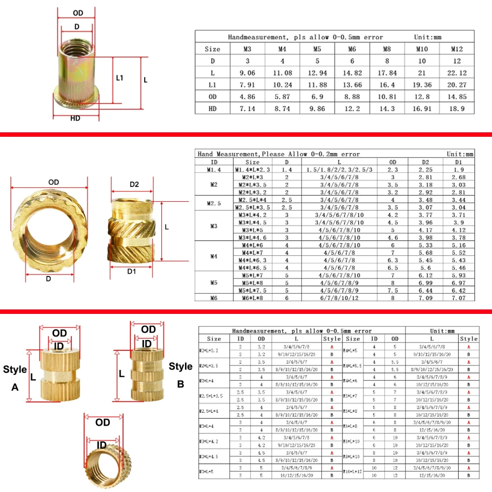 M3 M4 M5 M6 Flange Brass Heat Insert Nut Hot Melt Threaded Rod Insert Rivet Nut Copper Thread Injection Nutsert Brass Hex Nuts