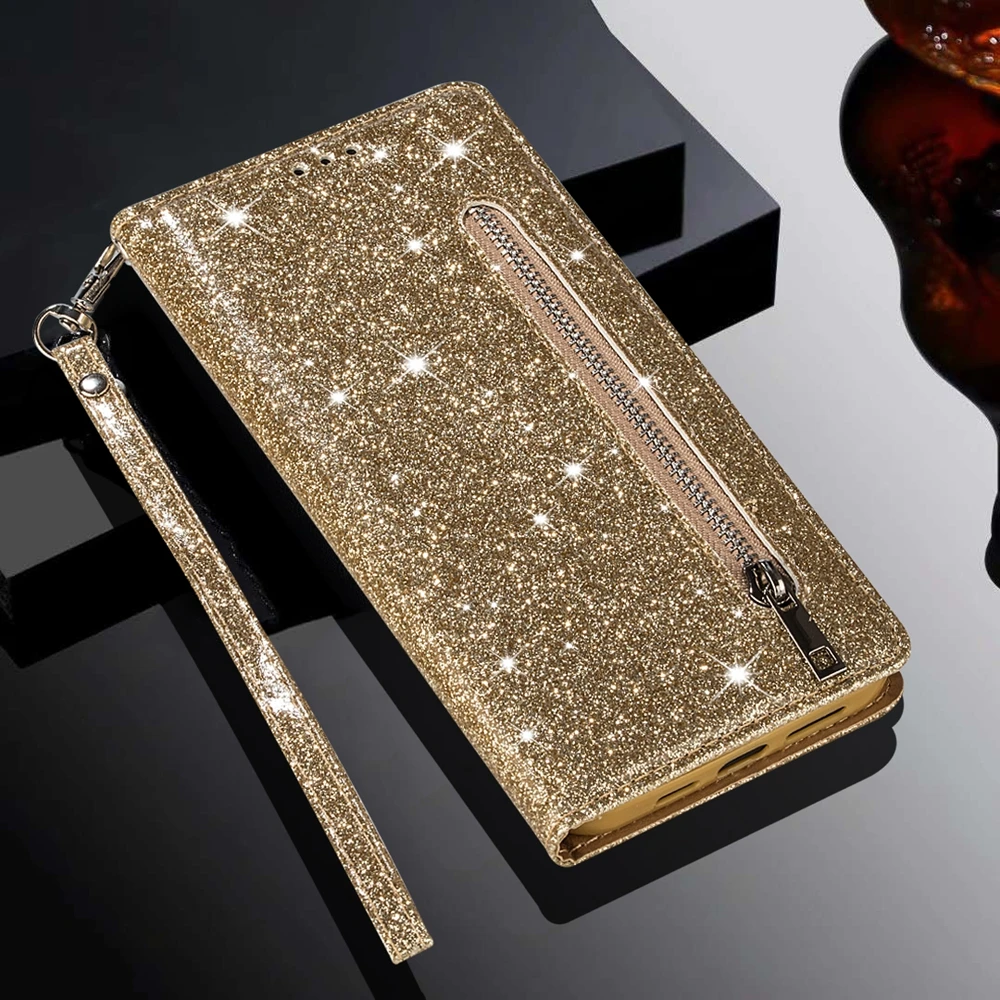 Glitter Zipper Wallet Phone Case with Kickstand, Strap, Card Pocket, and Bumper Protection