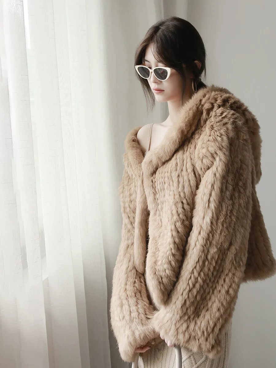 Long Sleeve Casual Loose Knitted Real Rabbit Fur Hooded Coat Women Genuine Natural Rabbit Fur Outwear Female Fur Jacket