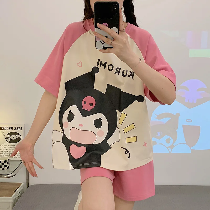 

Kawaii Sanrio Anime Kuromi T-Shirt Girly Heart Cute Cartoon My Melody Cinnamoroll Sweet Home Wear Clothing Toys for Girls