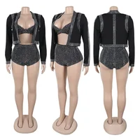 Sparkly Diamonds 3 Piece Short Sets Woman Outfits Rhinestones Luxury Birthday Cropped Jacket Top and Bra and Shorts Set Clubwear - Image 3