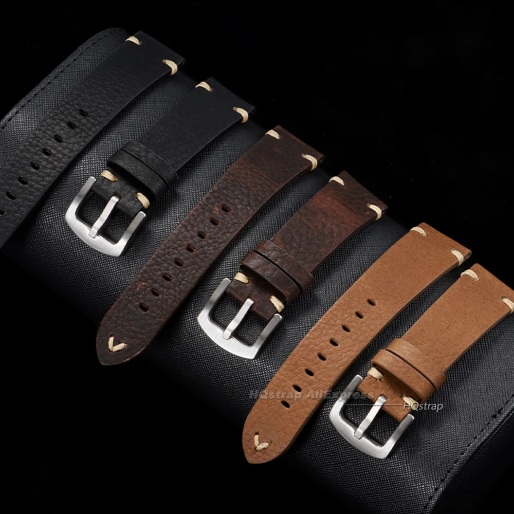 Vintage Genuine Cowhide Leather Watch Band with Handmade Stitching