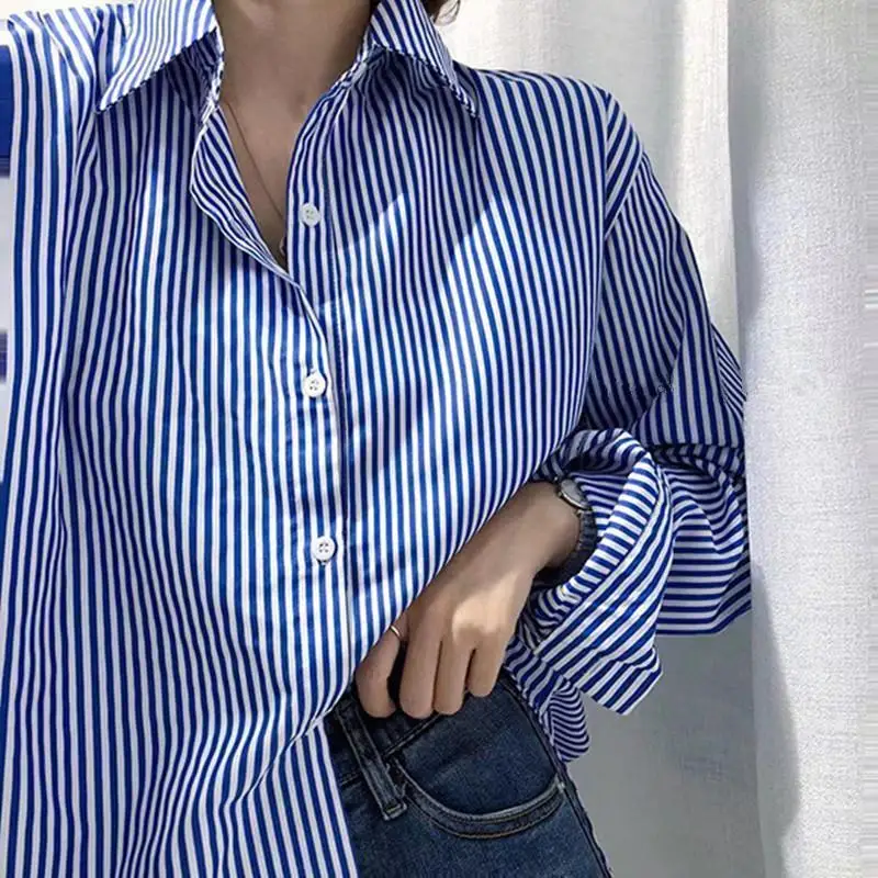 

Korea Women Shirt Blouse Blue Vertical Striped Shirt Women's Autumn Clothing Loose Long Sleeve Shirt Blusas Mujer