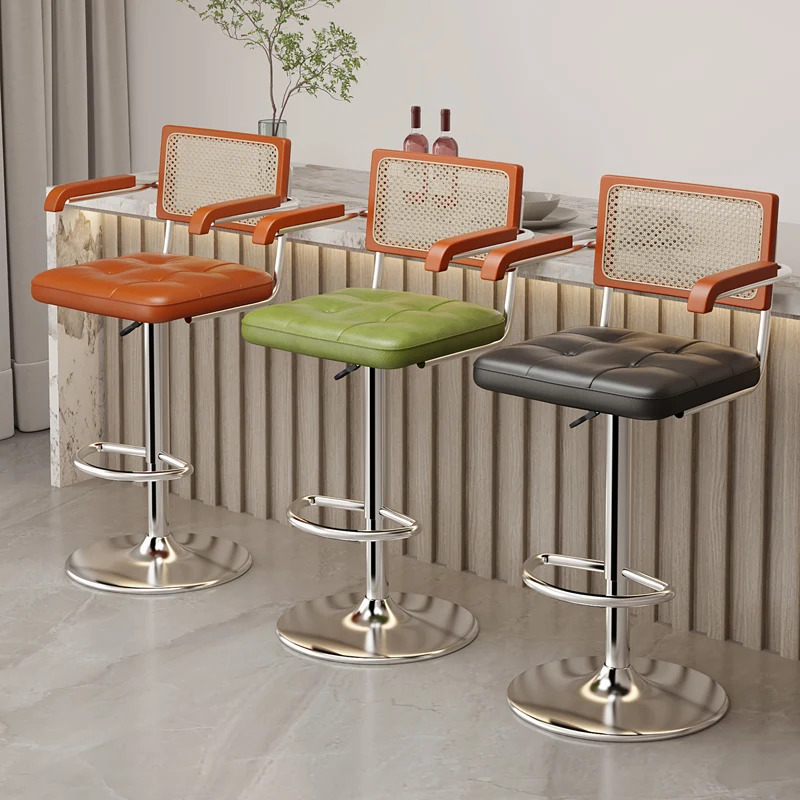 Luxe Retro Bar Seat Adjustable Rattan Backrest Chair Swivel Front Desk Checkout Foot Stool Home Kitchen Island Dining Seat
