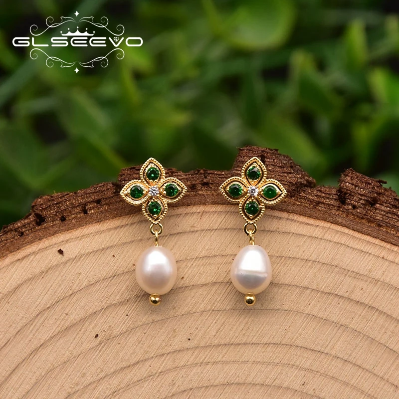 

Glseevo Silver 925 Natural Pearl Drop Earrings for Women Korean Fashion Plant Leaf Flower Tassel Dangle Pendientes Jewelry Sets