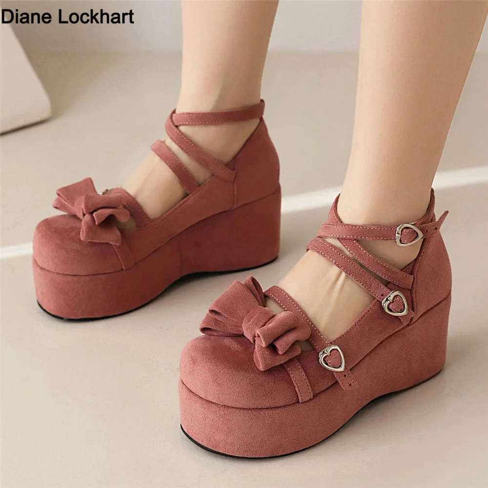 

New Sweet Heart Buckle Wedges Mary Janes Women Pink Cross Strap Chunky Platform Lolita Ladies Punk Gothic Cosplay Girl Shoes