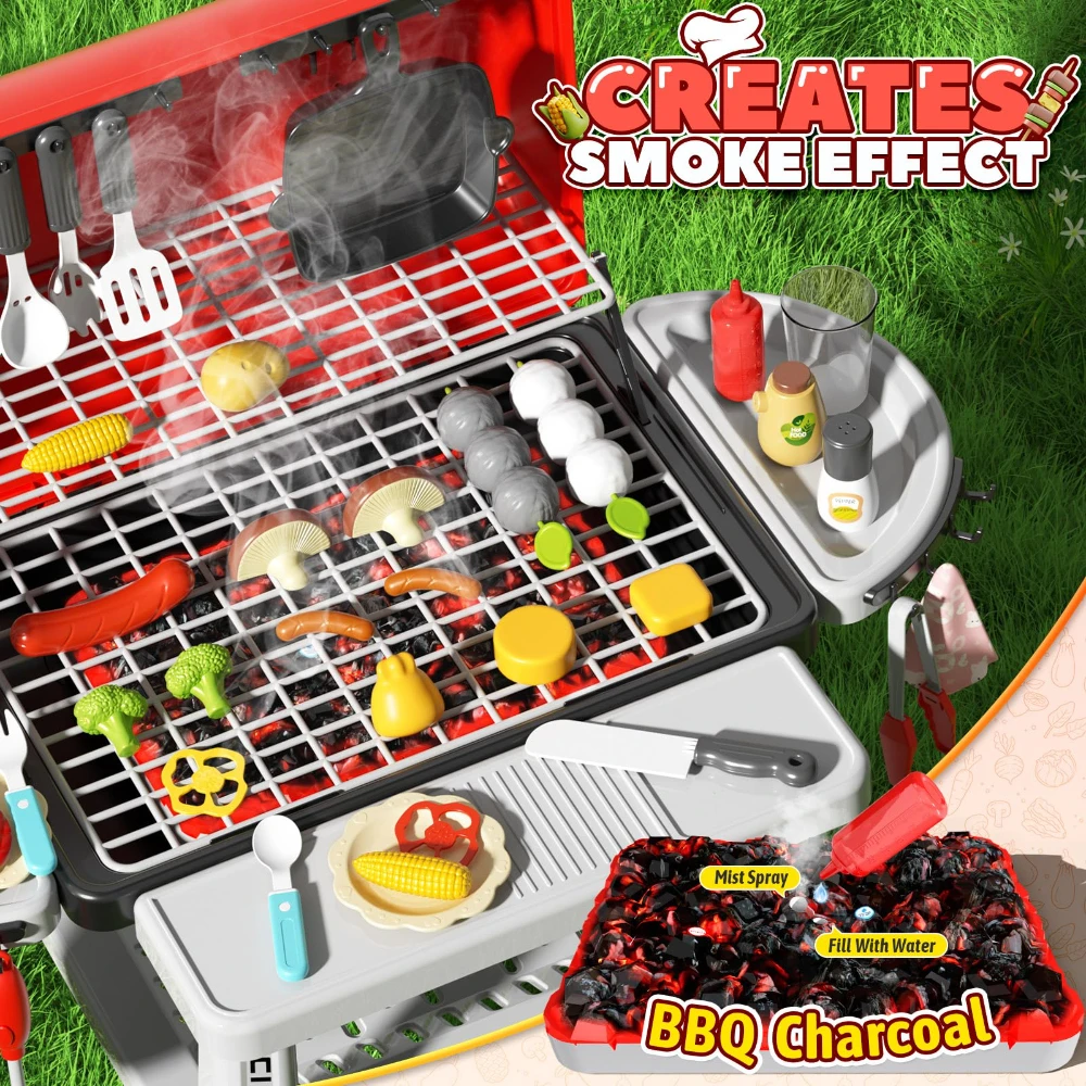WizKidz Toy BBQ Grill Set For Kids Outdoor Pretend Play Cooking Barbecue Interactive Playset For Boys Girls Kitchen Accessories