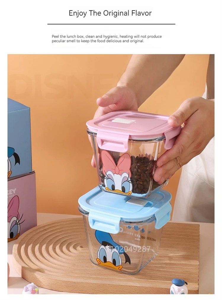Disney Mickey Minnie Daisy Glass Crisper With Lid Lunch Box Microwave Heating Sealed Box Food-Grade Cute Fruit Lunch Box 900Ml