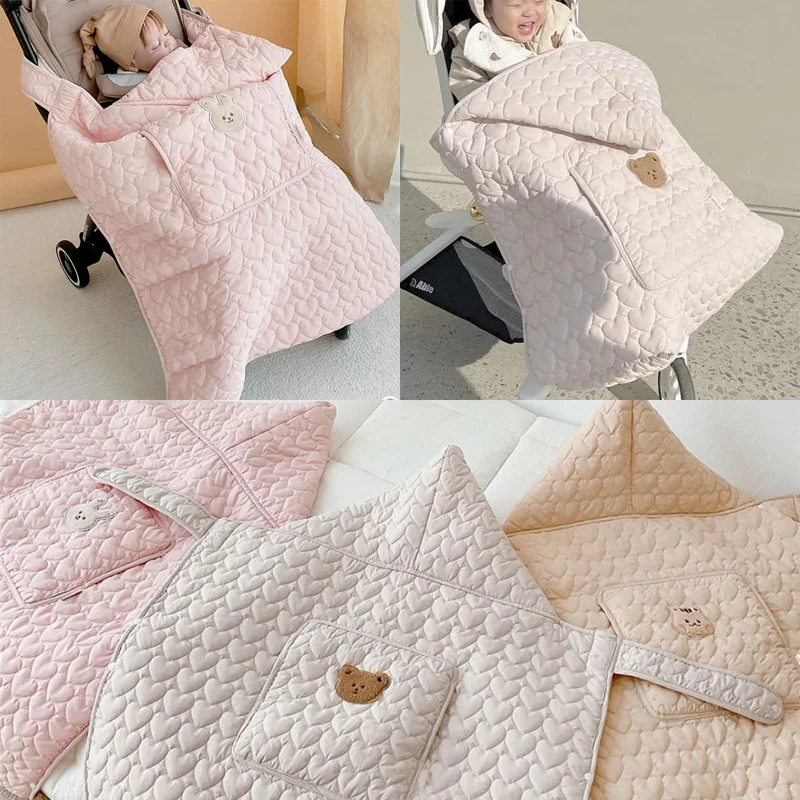 

Winter Baby Stroller Blanket Thick Fleece Windproof Strollers Cover Cartoon Bear Bunny Infant Nap Warm Quilt Hooded Swaddle Wrap