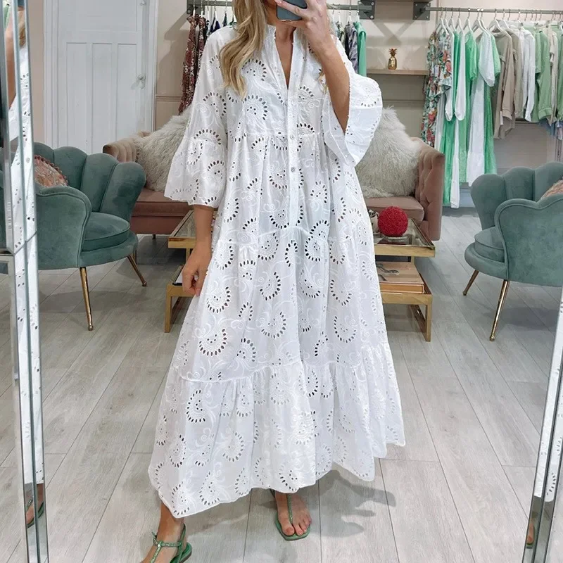 

Sexy Hollow out Party Flare Sleeve Long Dress for Women Solid Color Loose V-neck Chic Dresses Pullover Casual Elegant Vestidos