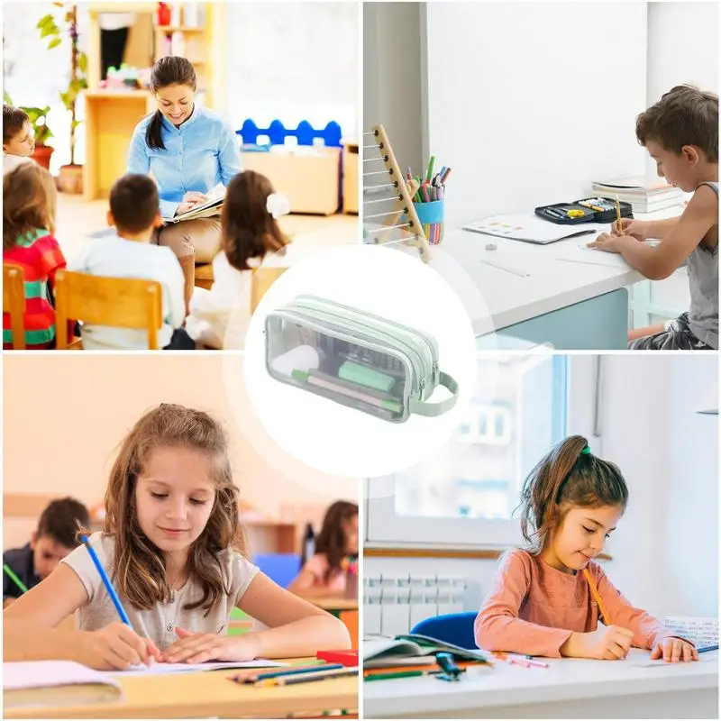 투명 메쉬 펜슬 파우치, 2 칸 펜 가방, 다목적 십대 투명 문구 가방, 휴대용 다기능 펜슬 파우치