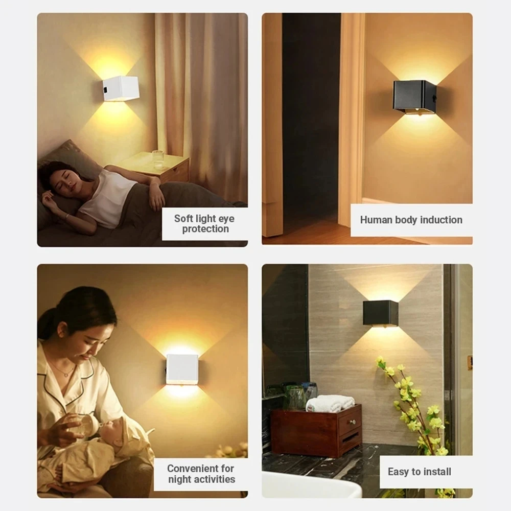 LED 충전식 벽 조명, 인체 센서, USB 무선 벽 야간 램프, 침대 옆 침실 복도 벽 조명, 가정용