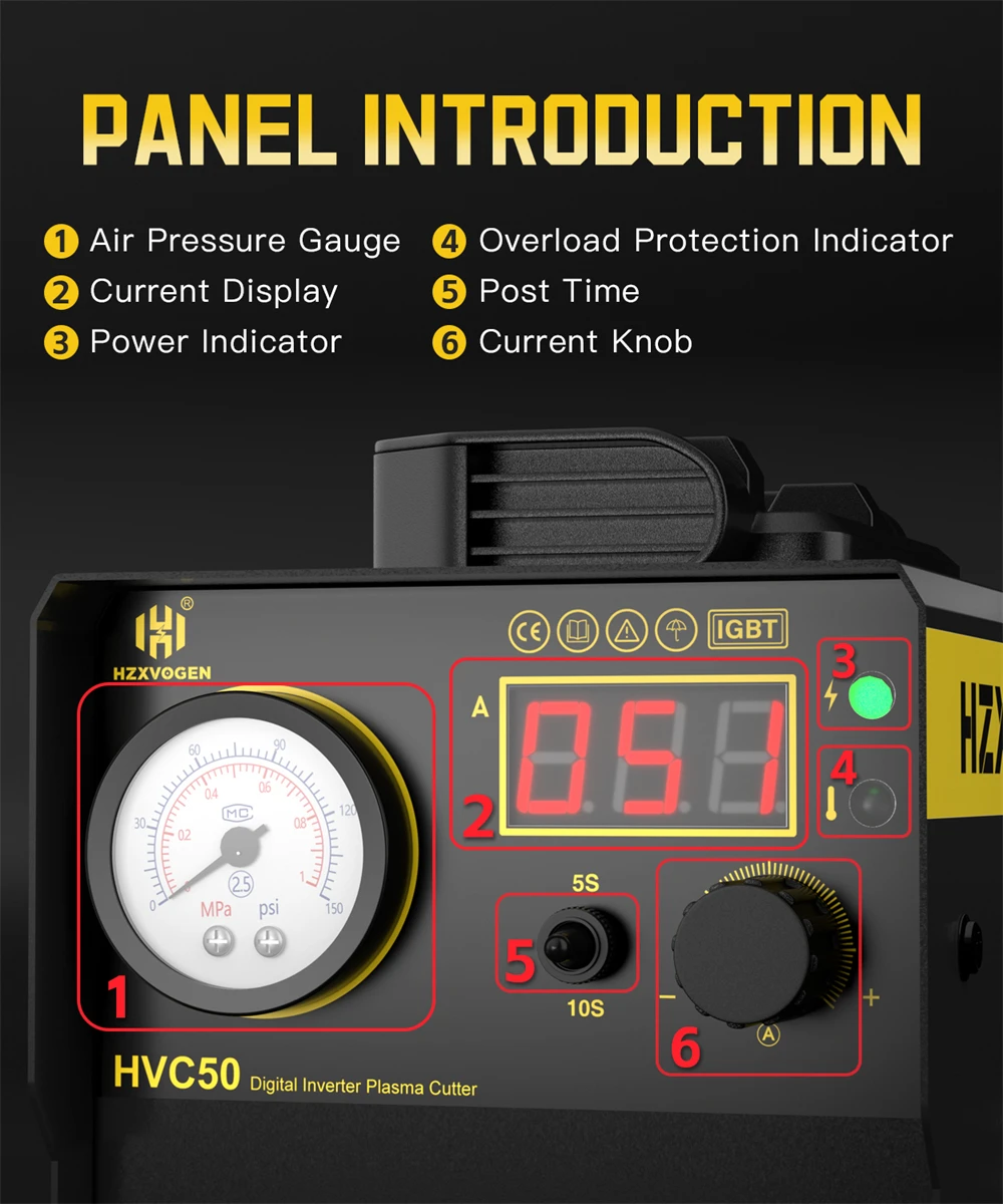 HZXVOGEN HVC50 Plasmaschneider AIR HF Kontakt Digitaler Inverter-Plasmaschneider 50 Ampere 220V Schnittstärke 1-15mm für Edelstahl Aluminium – Detail 12